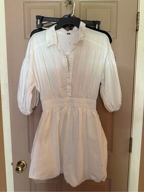 Free People White Collared Smocked-Waist Mini Dress